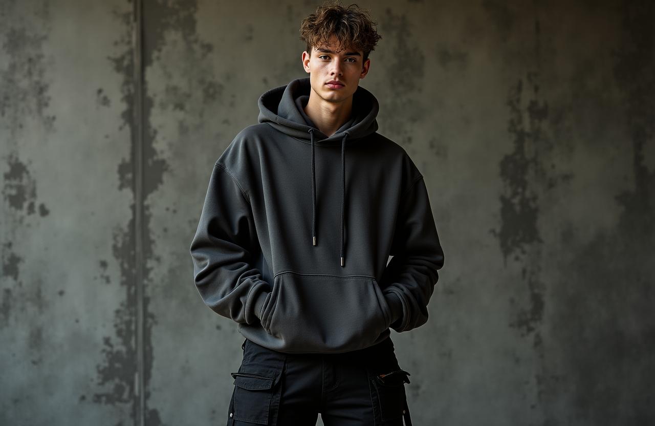 Model wearing a charcoal oversized hoodie with structured cargo pants