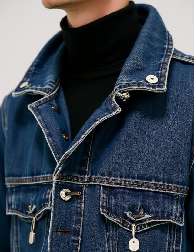 Model layering an oversized denim jacket over a sleek turtleneck